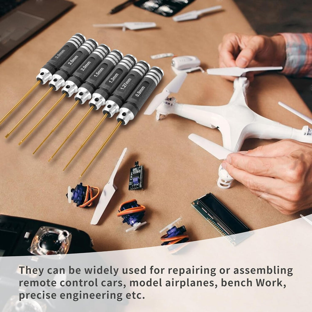 Juego de destornilladores hexagonales con revestimiento de titanio RC profesional, 7 piezas de precisión Allen hexagonal (0.035-0.118 in) para coche RC, dron, helicóptero, kit de herramientas