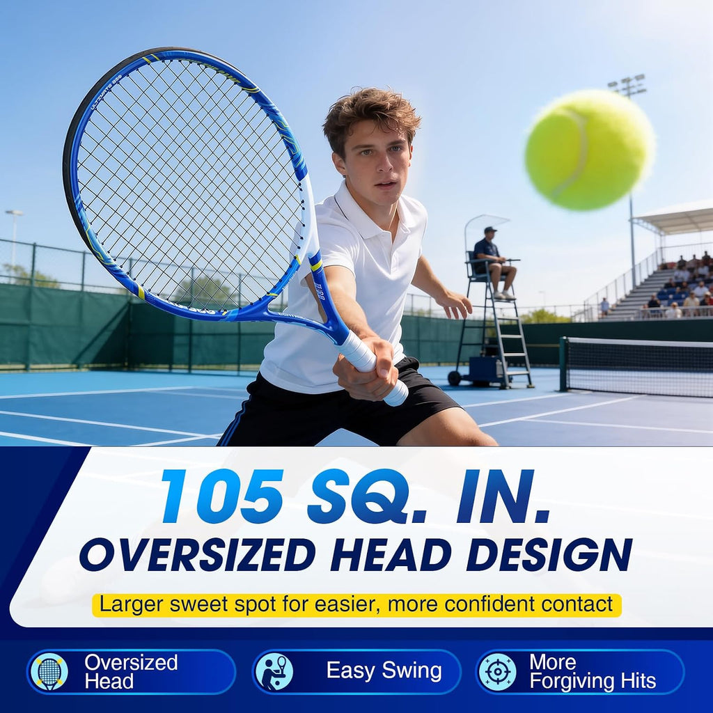 Juego de raquetas de tenis para adultos, 2 raquetas de tenis preencordadas de 27 pulgadas con marco de una pieza, cabeza de gran tamaño de 105 pulgadas cuadradas, sensación de reducción de