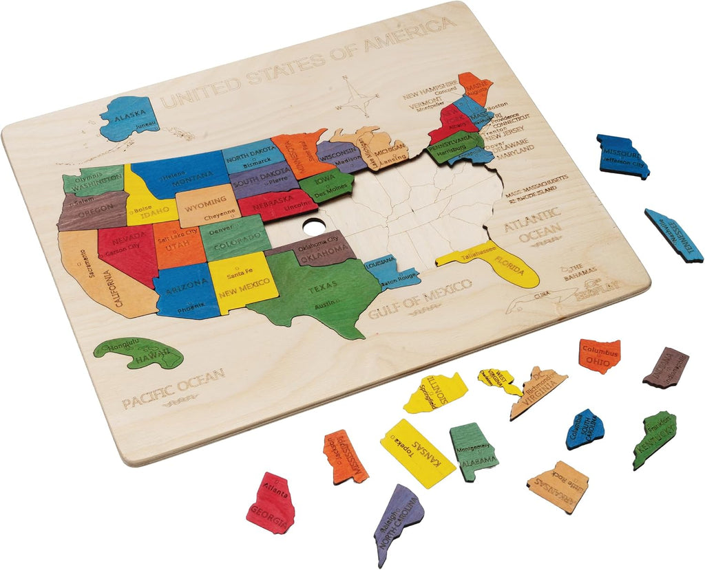 Mapa de Estados Unidos - Rompecabezas de madera de 14 pulgadas | 14.0 x 11.5 pulgadas | 44 piezas de rompecabezas – Small States are Clubbed | Juguete educativo y de aprendizaje regalo para niños y niñas a partir de