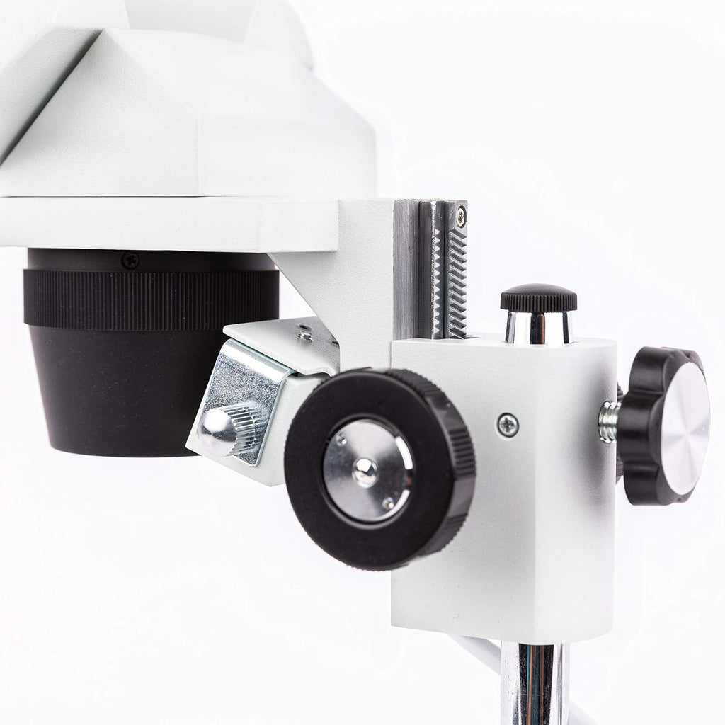 AmScope Microscopio estéreo binocular delantero SE306R-PZ, oculares WF10x y WF20x, aumento 10X-80X, objetivos 2X y 4X, fuente de luz halógena superior e inferior, soporte de pilar, 120V, blanco