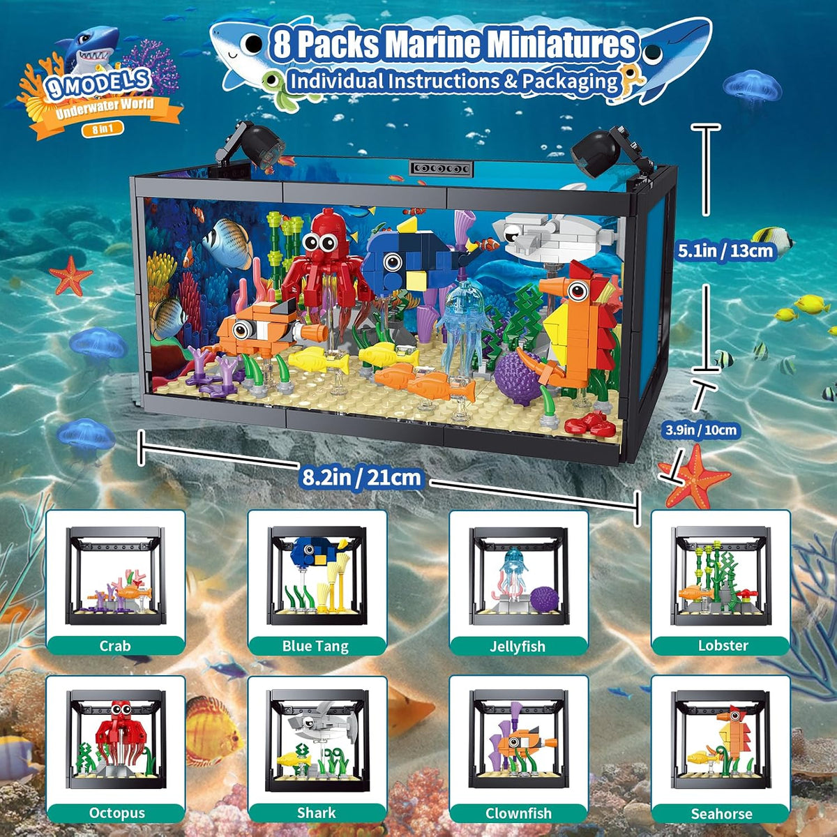 Juego de construcción de peceras 8 en 1, juguete de construcción de acuario marino con luz LED, paisaje en miniatura de animales, incluye cangrejo de pulpo, regalos de cumpleaños de Navidad para adultos, niños, niñas y niños de 6, 8, 10, 12 años en