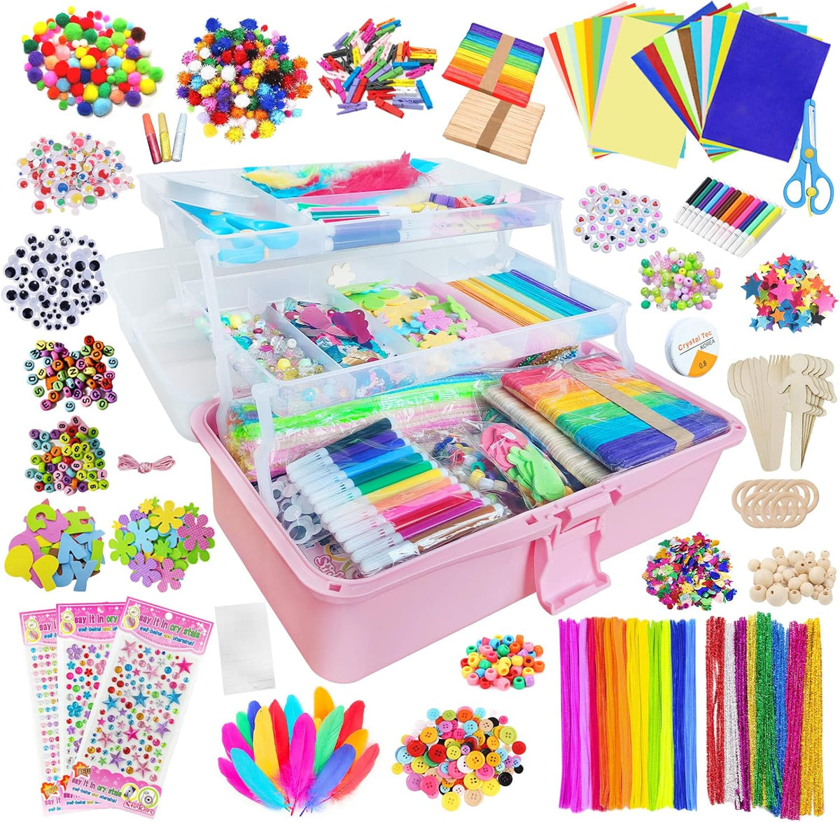 Itopstar 3000 suministros de manualidades para niños, suministros de manualidades en caja de arte de plástico de 3 capas, todo en uno de 8, 9, 10, 11 y 12 años, juego de suministros de manualidades para niñas y niños