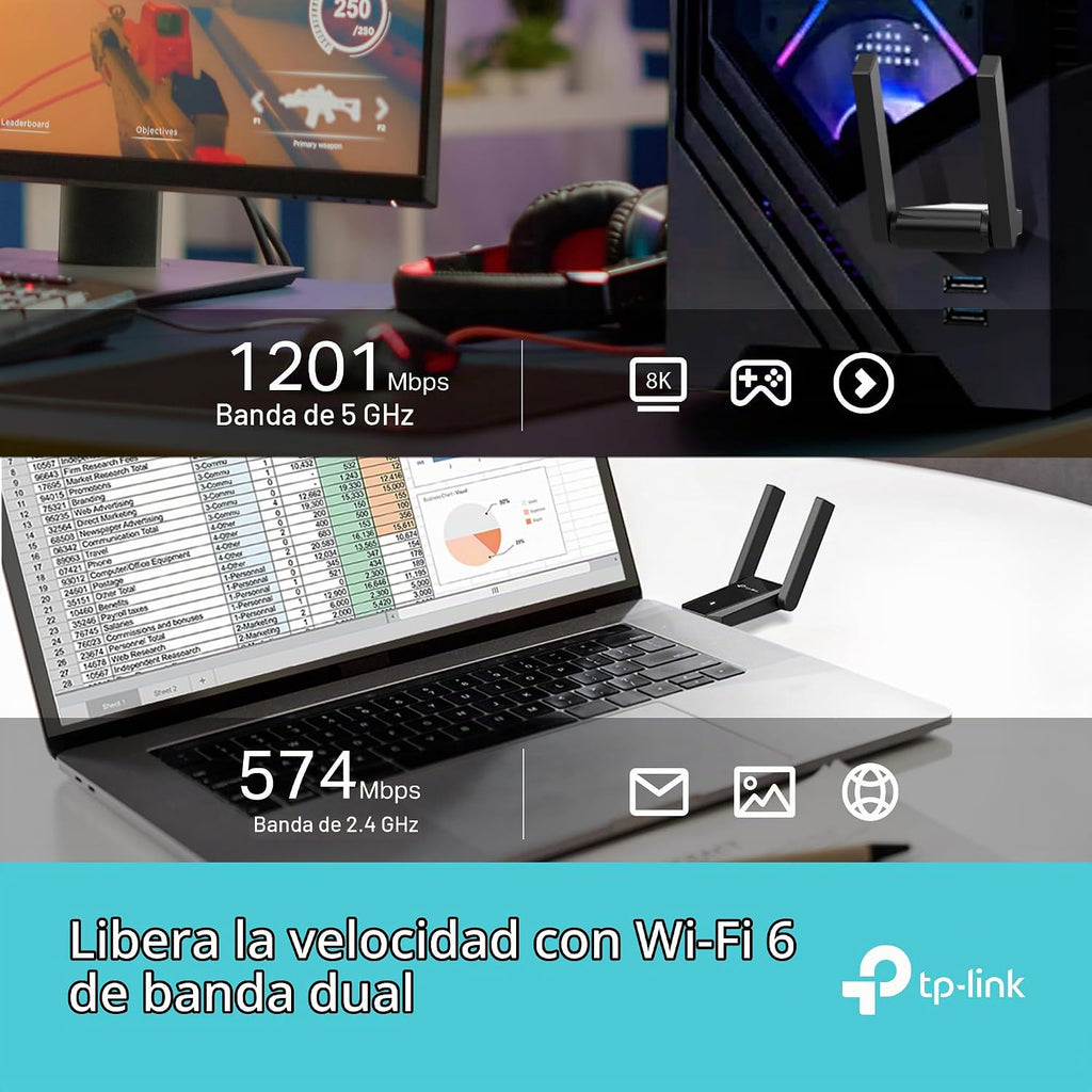 TP-Link Adaptador USB WiFi 6 para PC-1800 Mbps, antenas de alta ganancia