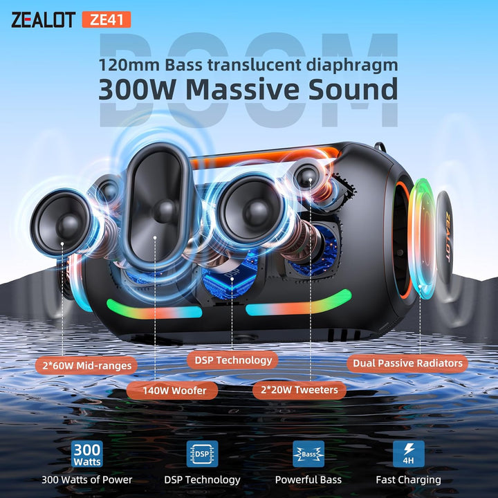 ZEALOT Altavoz Bluetooth portátil ruidoso, actualización de 350 W M...