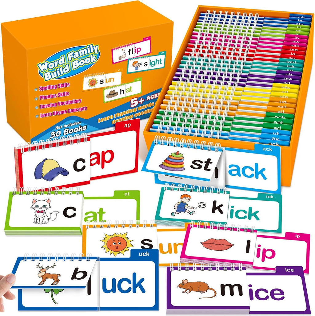 Tarjetas flash de fonética, libro de construcción familiar de palabras, para aprender a leer 30 libros de lectura y rima, tarjetas de palabras a la vista, tarjetas flash para jardín de infantes, libros de fonética para niños, aula, escuela, preescolar, ac