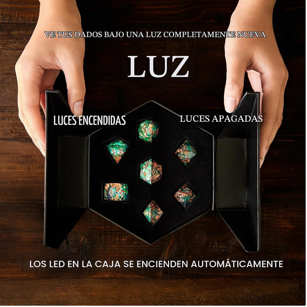 HEIMDALLR Juego de dados de núcleo líquido con la primera caja de visualización LED - Juego de 7 dados DND de borde afilado pintado a mano con caja de regalo - Juego de dados de resina de Dungeons and