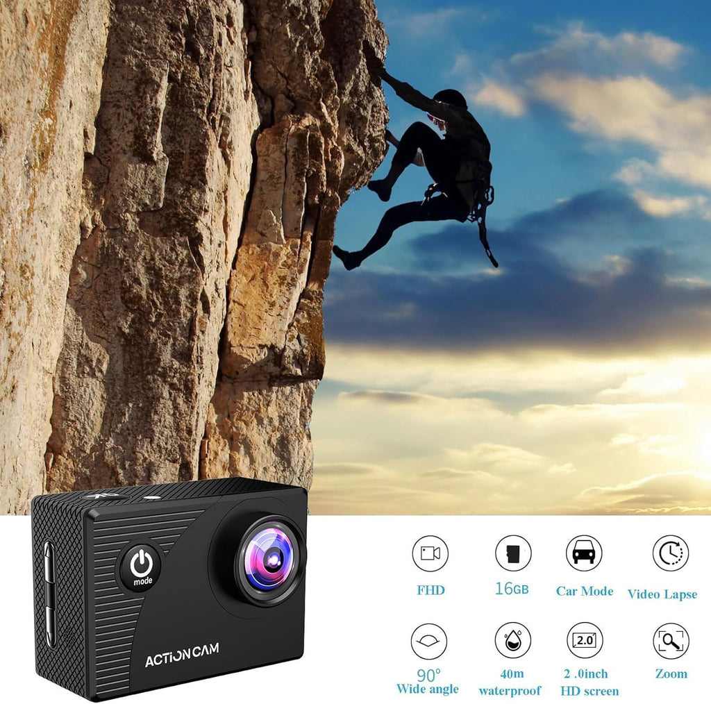 Xilecam Cámara de acción 1080P Cámara deportiva Tarjeta de memoria Cámara de acción 4xZoom 131ft Subacuático Impermeable con 2 X Baterías y Accesorio Multifunción (X2R)