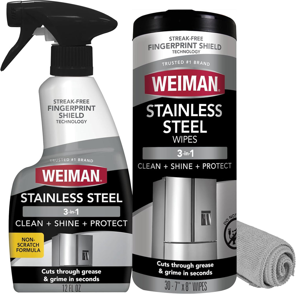 Weiman Kit de limpiador y pulido de acero inoxidable, 3 piezas, aerosol, toallitas y paño, antihuellas, elimina grasa, manchas de agua, rayas y residuos, limpiador de pulido seguro para