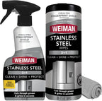 Weiman Kit de limpiador y pulido de acero inoxidable, 3 piezas, aerosol, toallitas y paño, antihuellas, elimina grasa, manchas de agua, rayas y residuos, limpiador de pulido seguro para