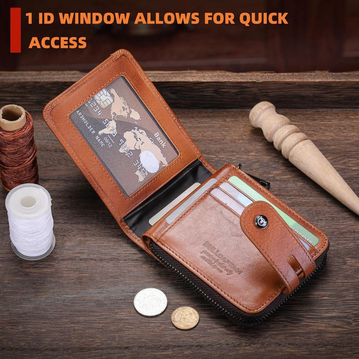 BULLCAPTAIN Billetera de cuero genuino para hombre con cremallera v...