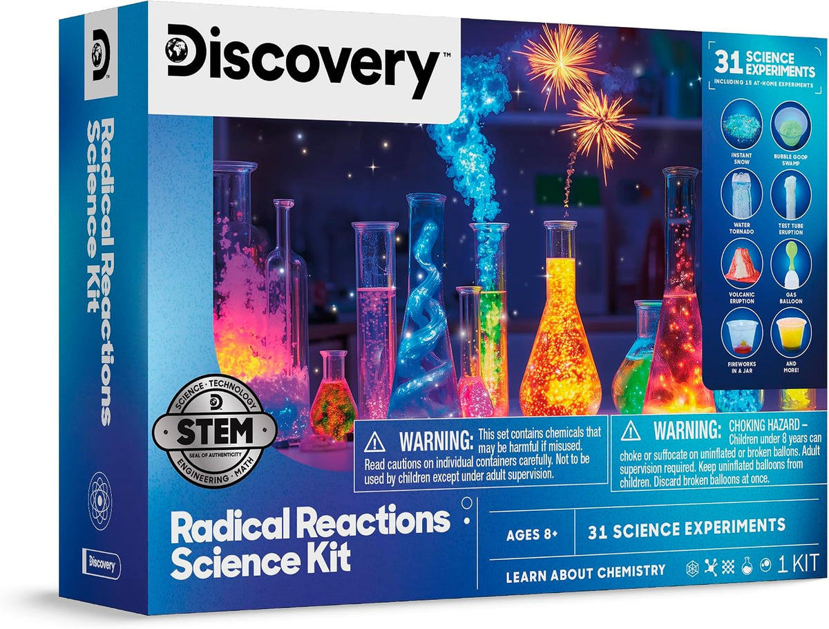 Lámpara Discovery Kit de ciencia de reacciones radicales – 31 experimentos STEM Lab para niños | Juego de actividades de bricolaje con herramientas químicas, molde de volcán, nieve instantánea, juguete