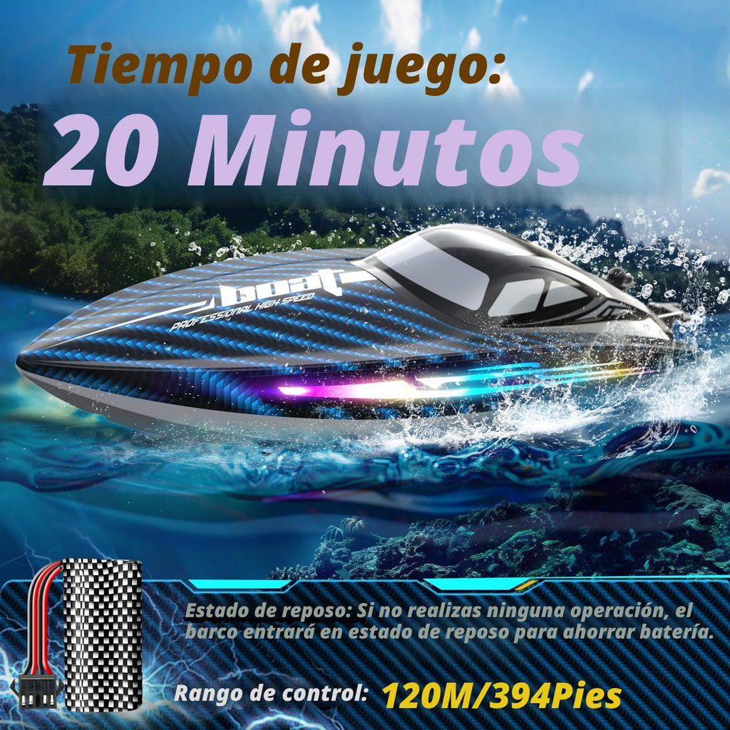 Barco de control remoto RC de 30 KMH con 7 modos de luz LED, impermeable, eléctrico, Azul