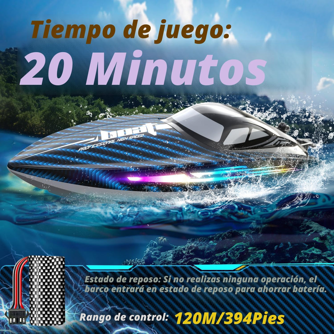 Barco de control remoto RC de 30 KMH con 7 modos de luz LED, imperm...