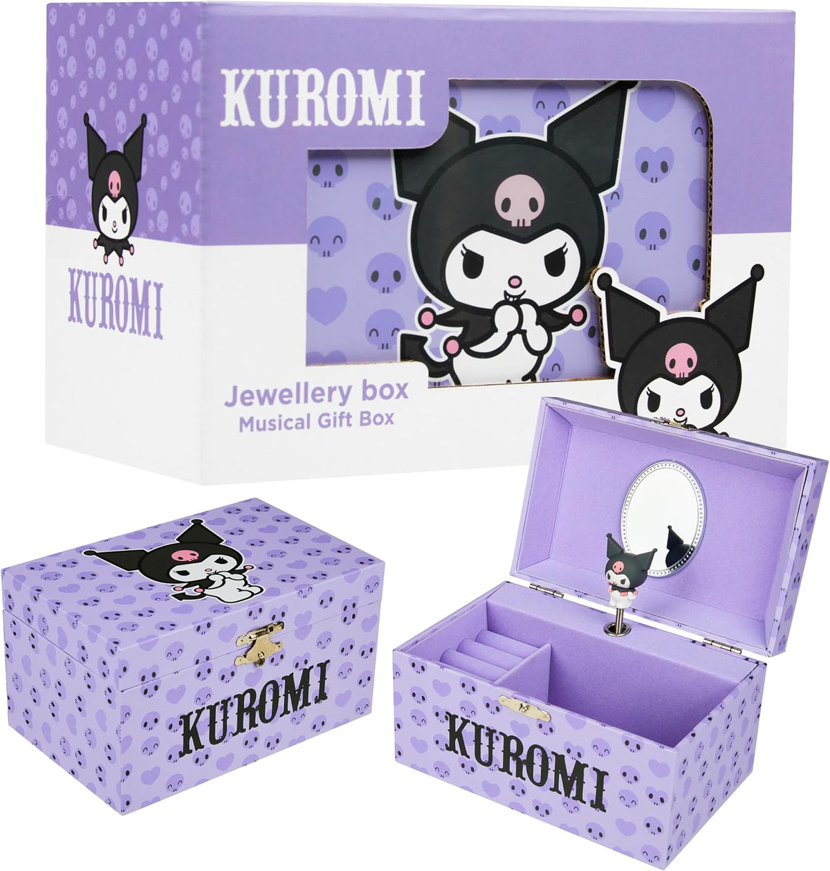 Get Trend Hello Kitty Sanrio Kuromi - Joyero musical para niñas, adolescentes y mujeres, caja de música kawaii, organizador de joyas, soporte para anillos, regalos para mujeres (púrpura Kuromi)