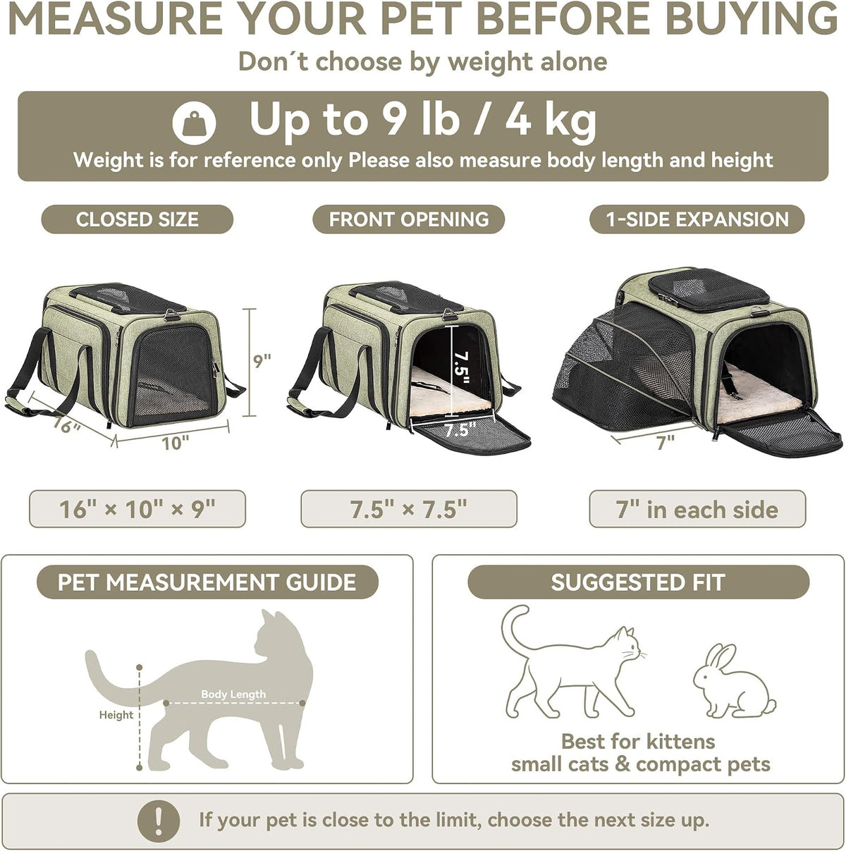 Petsfit Pequeño transportador expandible para gatos para viajes aéreos, hasta 9 libras