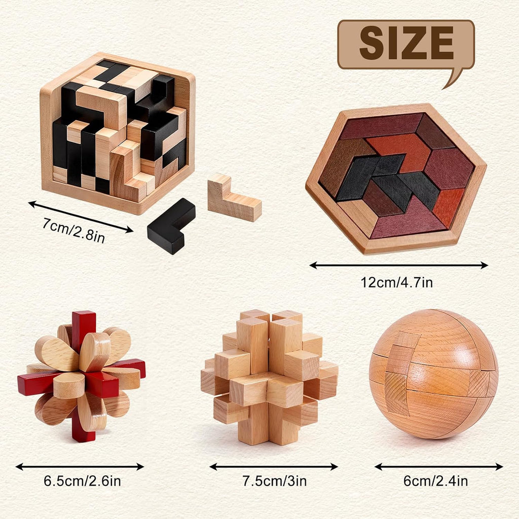 5 rompecabezas de madera para adultos y niños - Rompecabezas de cubo y forma, juegos de lógica y educativos, diversión familiar