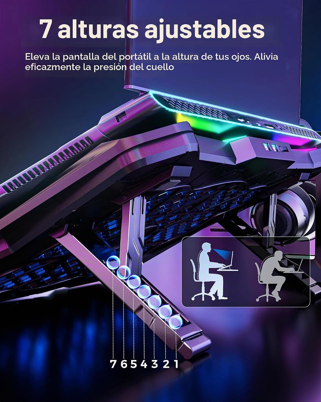 AICHESON Almohadilla de refrigeración para laptop para juegos con 8 ventiladores, soporte de computadora RGB para portátil de 15.6 a 17.3 pulgadas con 7 ranuras de altura, 2 puertos USB, AA3