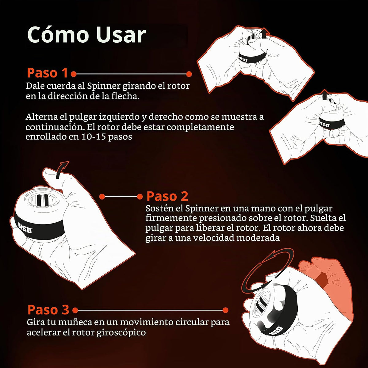 NSD Giroscopio de Arranque Manual con Empuje del Pulgar – Hasta 15,000-18,000 RPM Fortalecedor de Mano y Muñeca Premium y Duradero para Entrenamiento de Fuerza de Agarreh, Ejercicio de Antebrazo y Alivio del Dolor