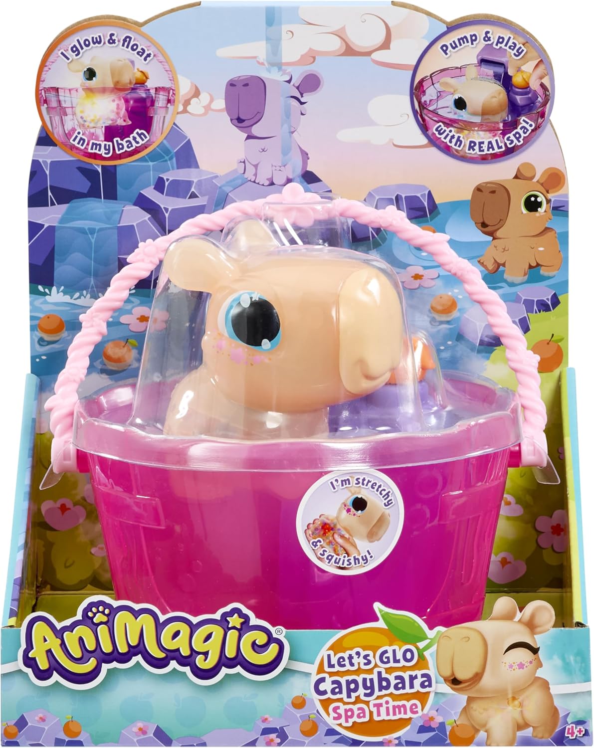 Animagic Let's Glo Capybara Spa Time | Juguete de agua blando y estirable flota y brilla | Edades 4+