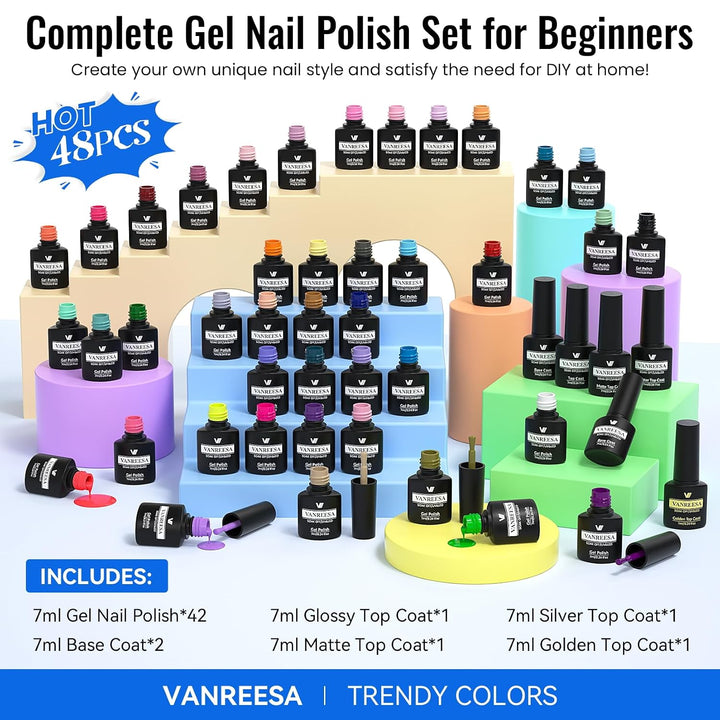 VANREESA Juego de 48 esmaltes de uñas de gel de 42 colores para pri...