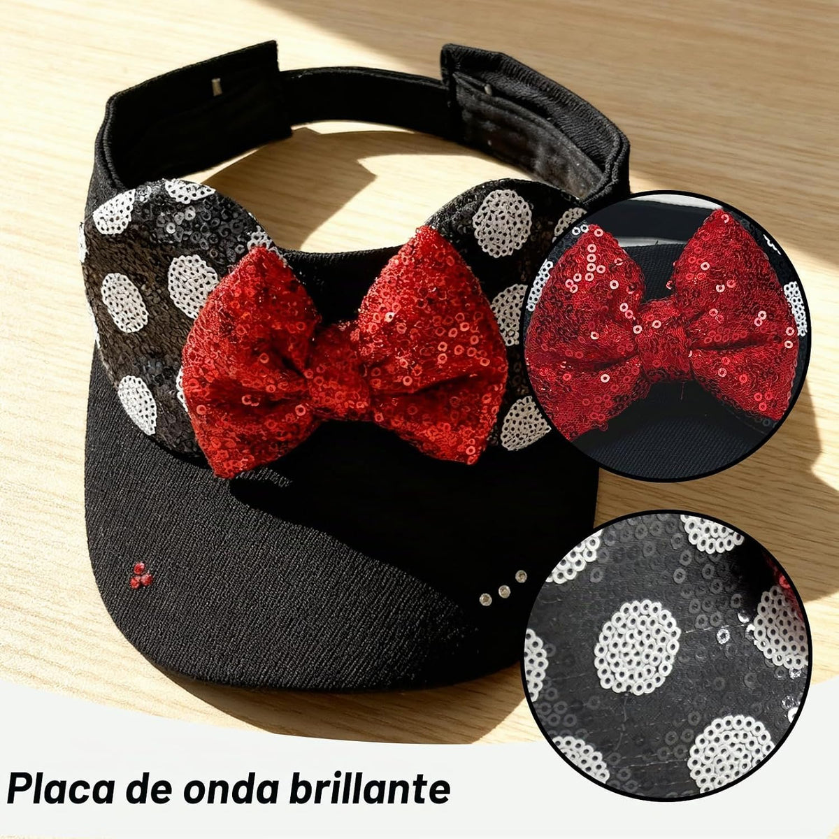 Sombrero brillante con visera de orejas de ratón para mujeres adultas, gorra ajustable con lazo de orejas de ratón de lentejuelas, lindo sombrero de visera con purpurina para parques temáticos y festivales, color negro