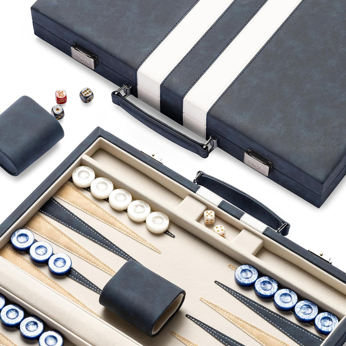 Juegos de backgammon de 15 pulgadas para adultos, tablero clásico de backgammon con dados de damas únicos, exterior de piel sintética e interior de terciopelo, juego de viaje de backgammon portátil (azul)