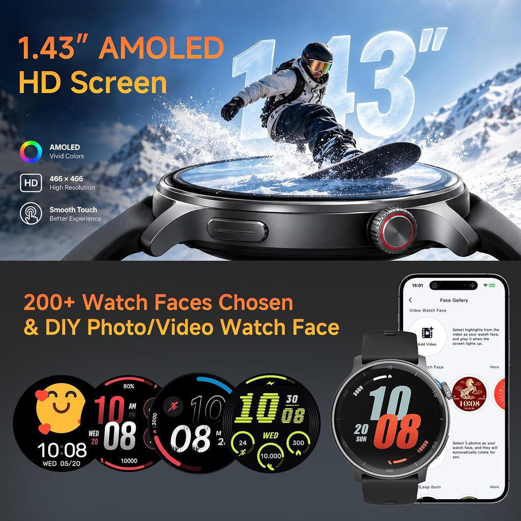 Reloj inteligente R5G Plus con GPS, llamadas Bluetooth, construcción impermeable 3ATM, caras de reloj personalizadas, más de 110 modos deportivos, seguimiento de la salud durante todo el día