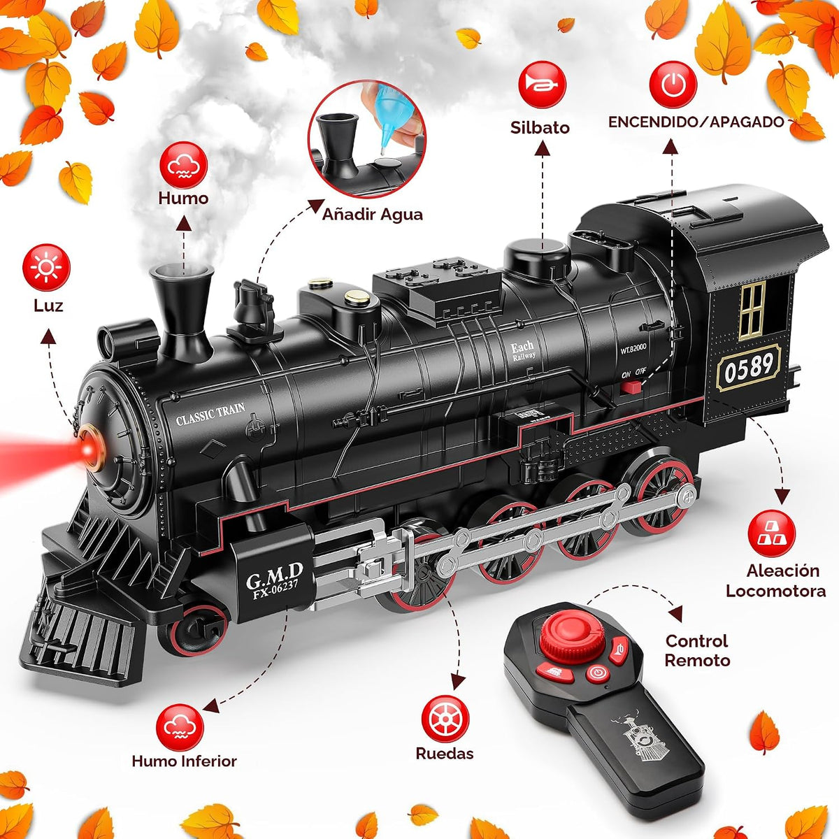 Hot Bee RC Train Set, Alloy Steam Locomotive con Light-Up Cars y Tracks