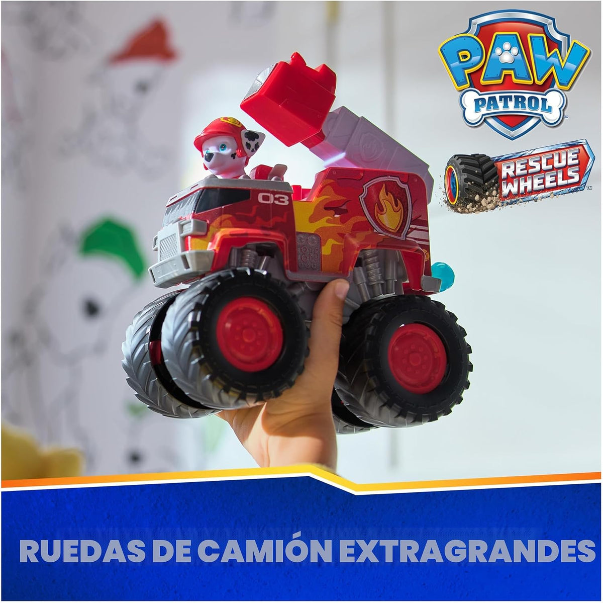 PAW Patrol: Rescue Wheels Marshall’s Firetruck, Camión de juguete con lanzador de proyectiles y figura de acción coleccionable, juguetes para niños y niñas de 3 años en adelante