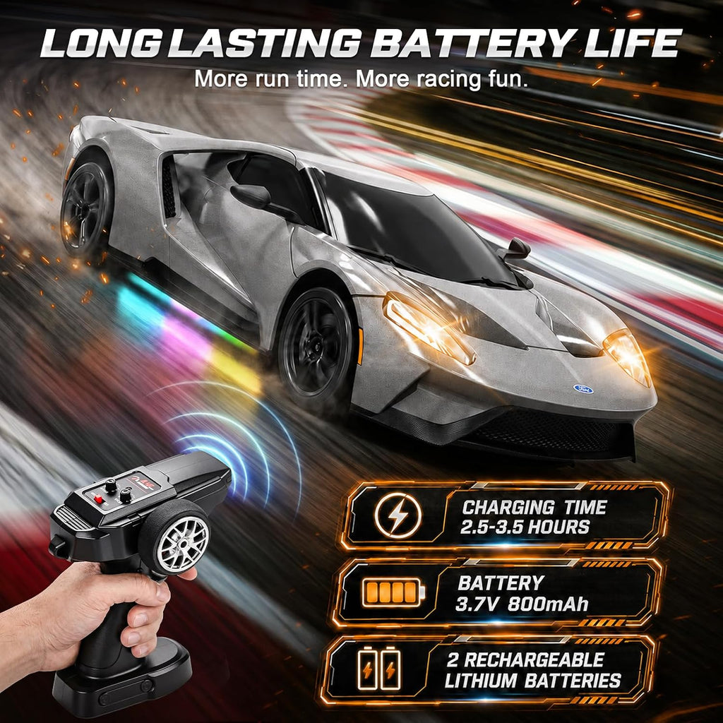 YESHIN 1:24 Ford GT RC Drift Car Plata, Coche de control remoto para niños