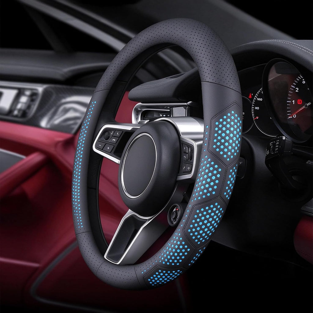 Yangday Funda de cuero para volante de automóvil para Ford F150 F250 F350, 15.5-16 pulgadas, funda antideslizante y transpirable (azul)