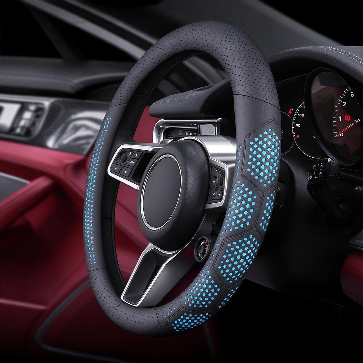 Yangday Funda de cuero para volante de automóvil para Ford F150 F250 F350, 15.5-16 pulgadas, funda antideslizante y transpirable (azul)