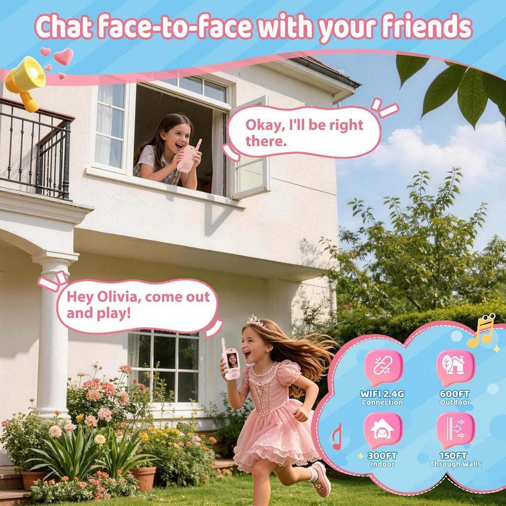 Walkie Talkies de video para niños con emparejamiento automático instantáneo, rango de 600 pies, no necesita WiFi, con video, voz y chat de imágenes, regalo perfecto para niños y niñas de 3