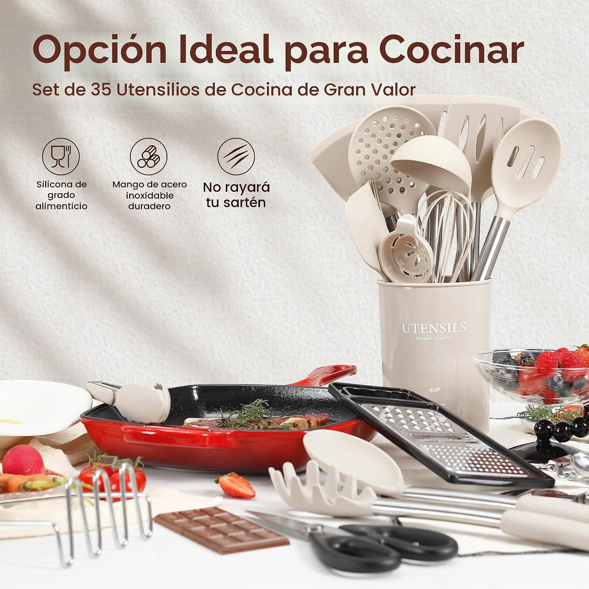 Juego de Utensilios de Cocina de Silicona, NCUE 35 Piezas Juego de Utensilios de Cocina con Soporte, con Mango de Acero Inoxidable Juego de Espátulas, Cucharas, Servidor de Pasta, Rallador de Queso