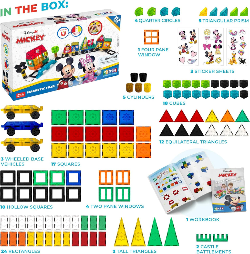Tytan Juego oficial de azulejos magnéticos de tren gigante de Mickey Mouse Junior de Disney – 112 piezas de juguete STEAM con cubos magnéticos, bases con ruedas, calcomanías reutilizables y manual de