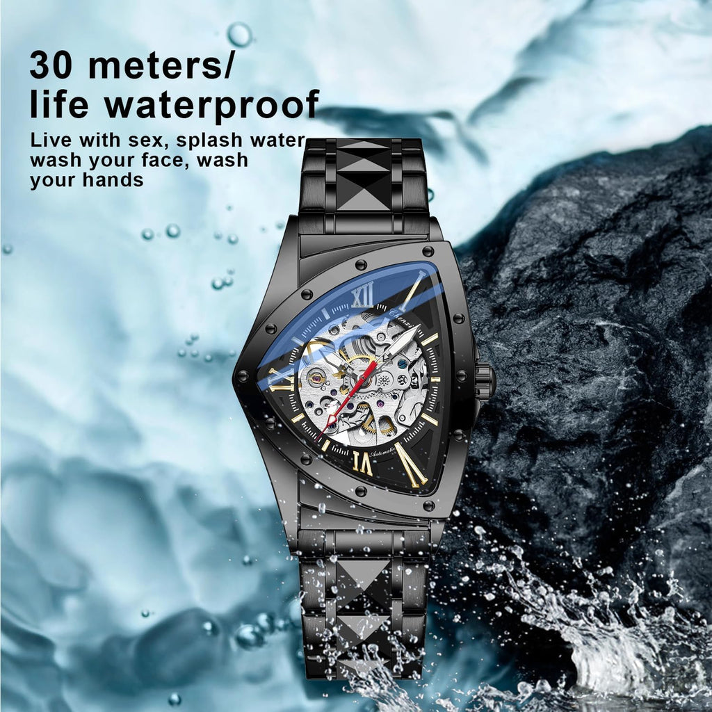 Tiong Triangle Skeleton Reloj Mecánico Automático para Hombre, Correa de Acero Inoxidable Reloj Deportivo para Hombre
