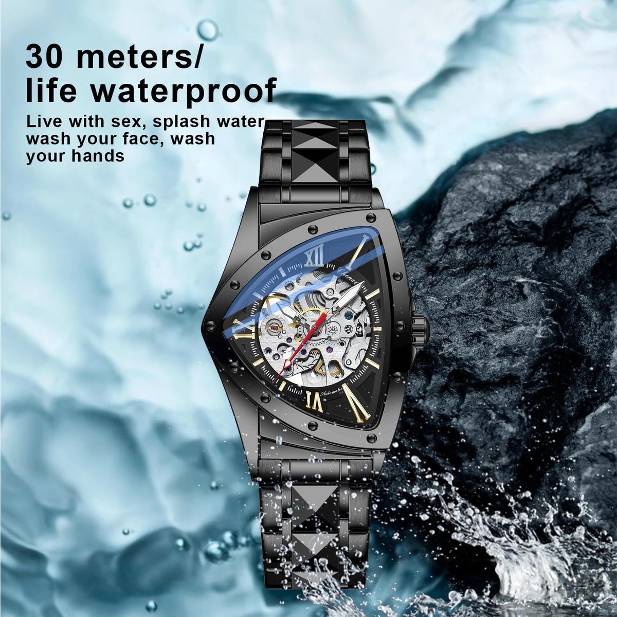 Tiong Triangle Skeleton Reloj Mecánico Automático para Hombre, Correa de Acero Inoxidable Reloj Deportivo para Hombre