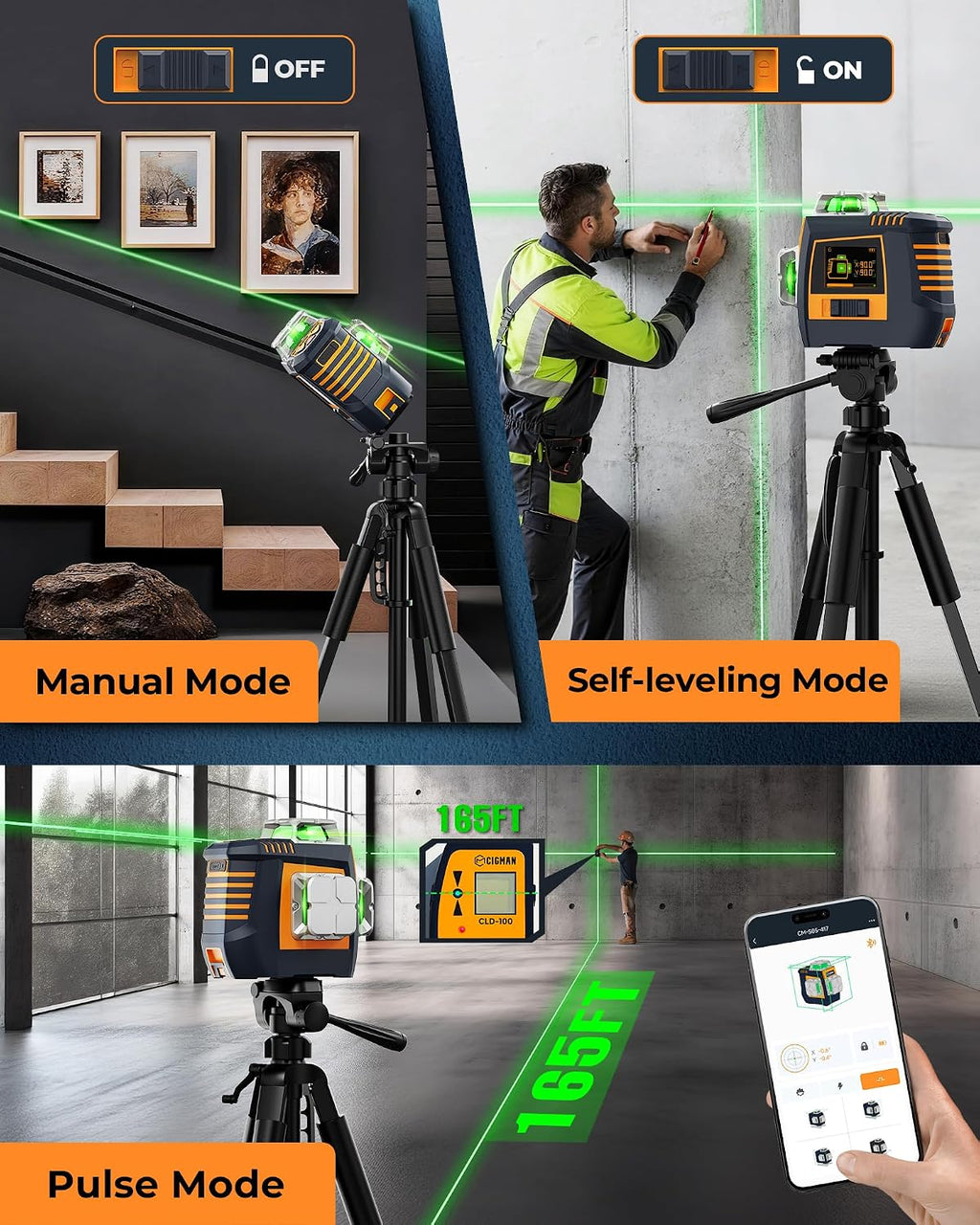 CIGMAN Nivel láser de control de gestos con pantalla lateral, 3 líneas autonivelantes verdes de 360°, línea de gestos manos libres y control de brillo, modo estroboscópico, 2 baterías de iones de