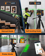 CIGMAN Nivel láser de control de gestos con pantalla lateral, 3 líneas autonivelantes verdes de 360°, línea de gestos manos libres y control de brillo, modo estroboscópico, 2 baterías de iones de