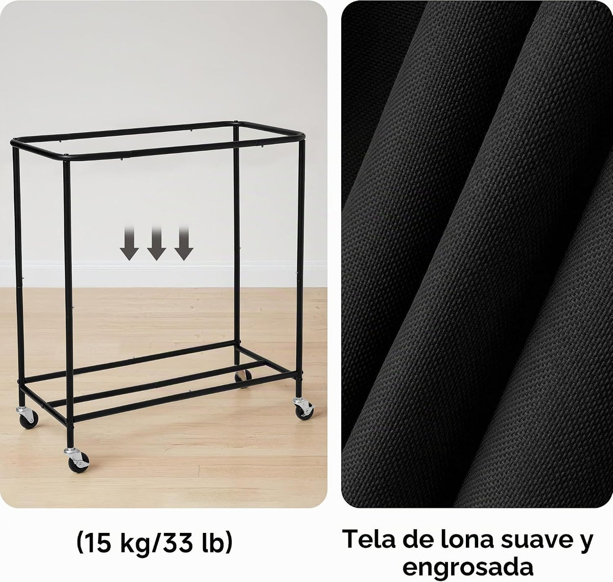 StorageWorks Cesta de lavandería de 3 secciones, carrito clasificador negro
