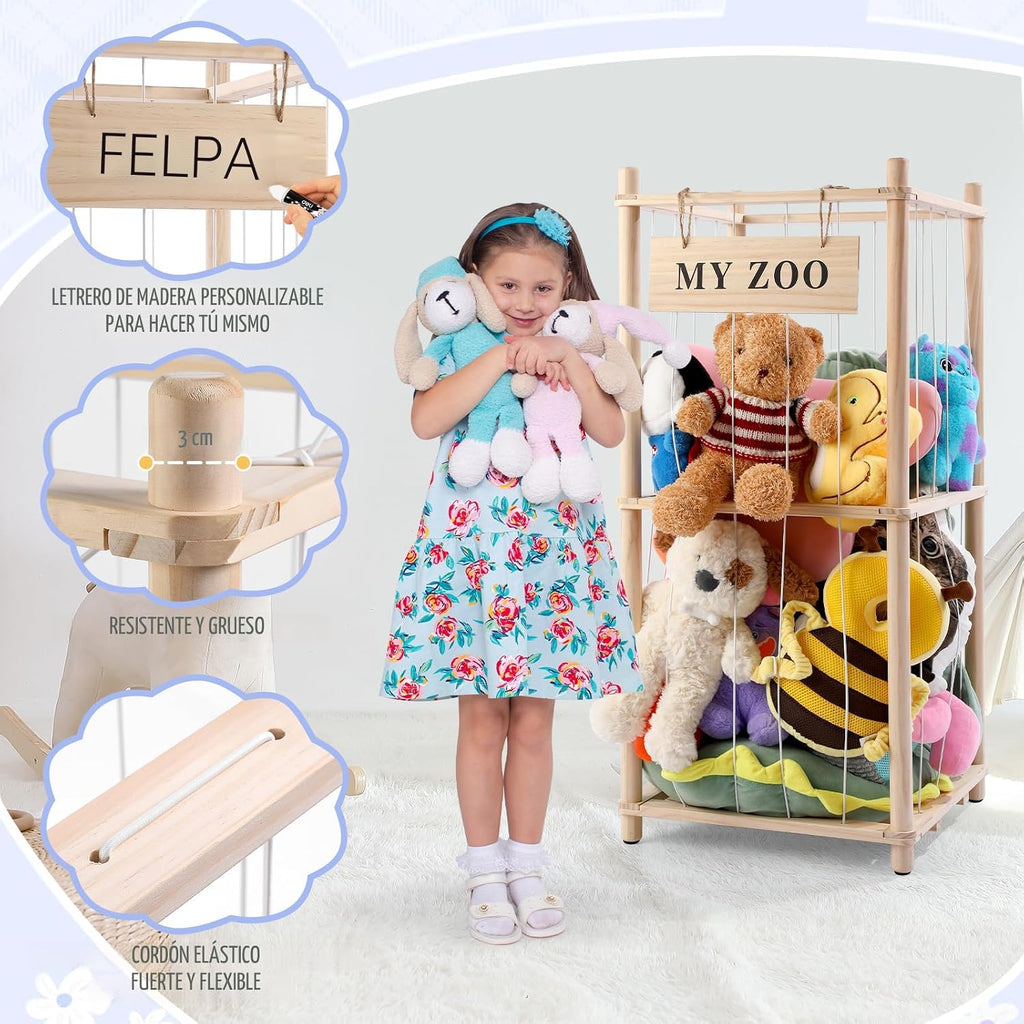 Almacenamiento de Animales de Peluche Zoo, Organizador de Animales de Peluche de Madera con Cuerdas Elásticas para Niños y Niñas, Soporte de Almacenamiento de Juguetes de Peluche que Ahorra
