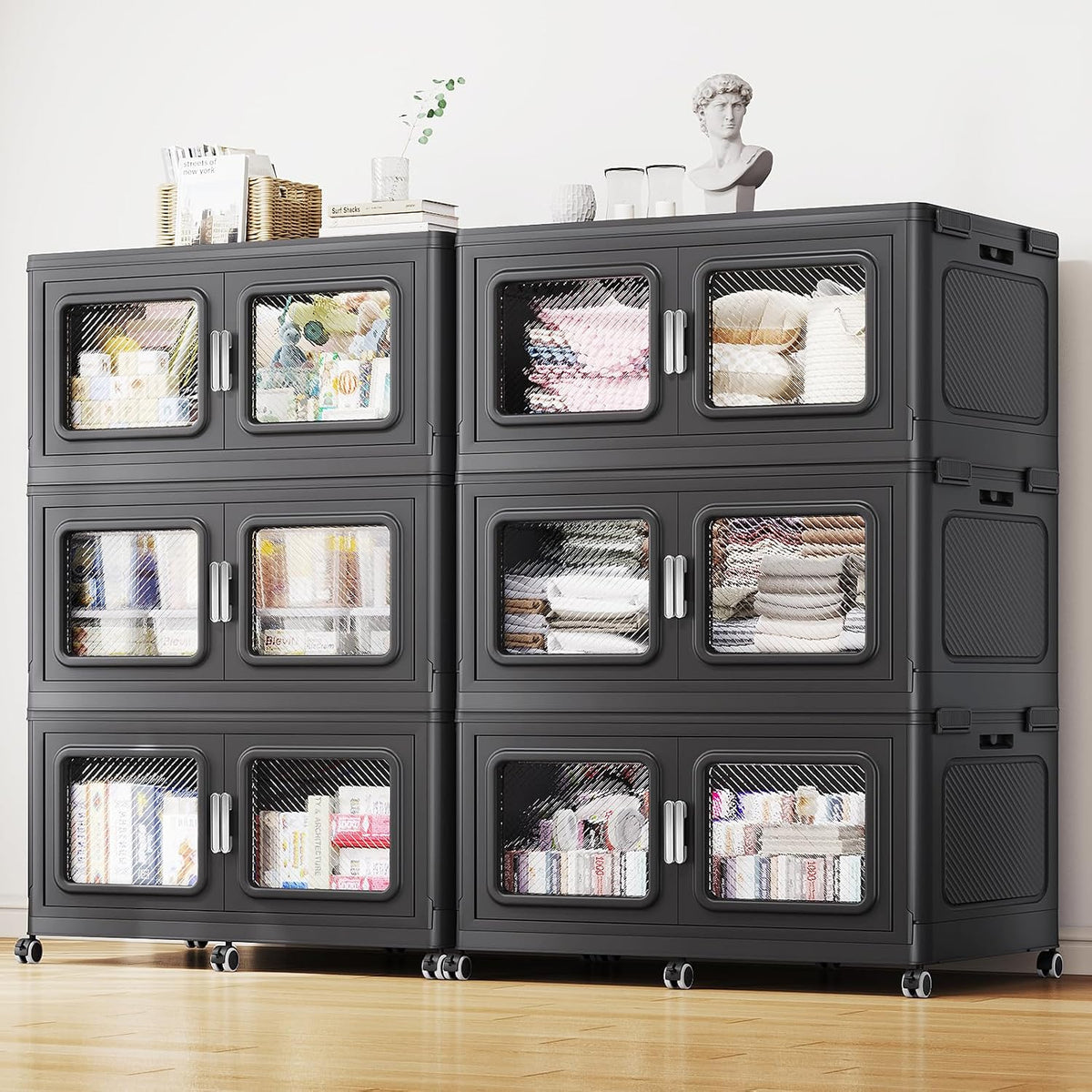 BROVIEW Contenedores de almacenamiento de 330 galones, caja de almacenamiento apilable extra grande de 1320 cuartos de galón con tapas y ruedas, armarios de plástico plegables resistentes, puerta