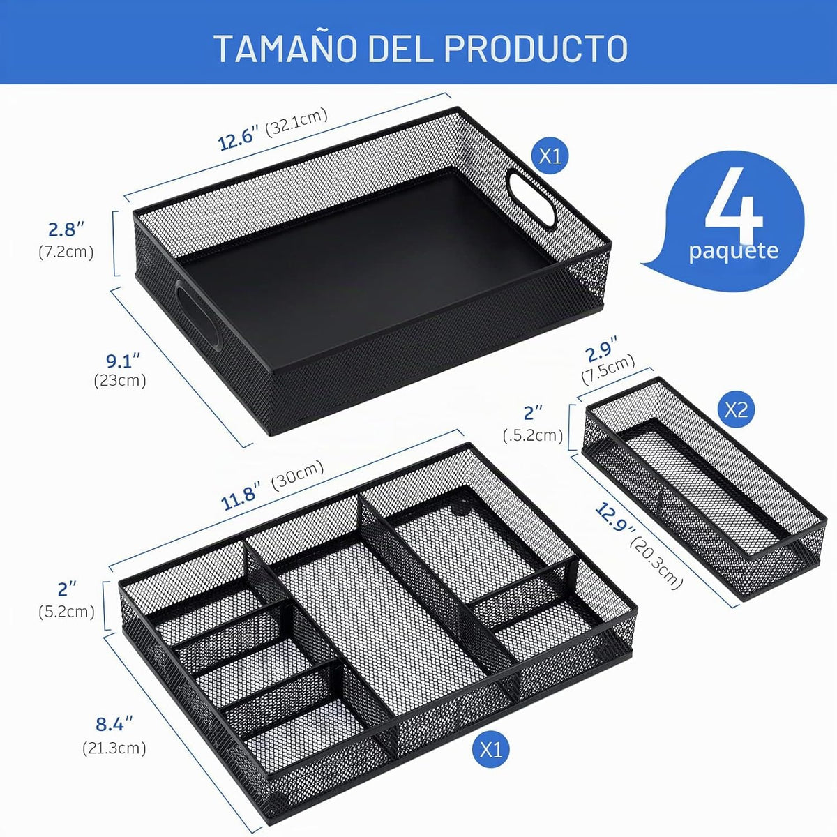 Organizador de cajones de escritorio, paquete de 4 de malla