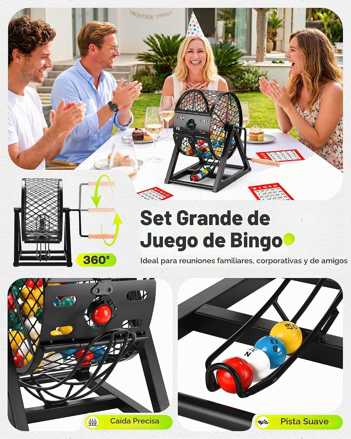Juego de bingo de lujo grande de 12 pulgadas con jaula, tablero, bolas, 30