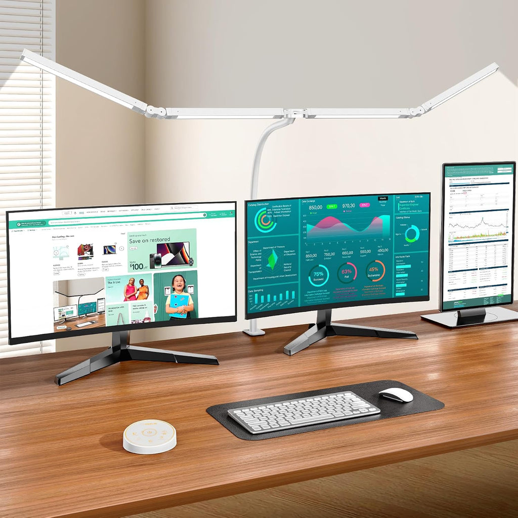 Lámpara Lámpara de escritorio LED con abrazadera: lámpara de escritorio de arquitecto para oficina en casa, cuidado de los ojos, monitor de computadora de doble cabeza, luz de escritorio de trabajo con control remoto, lámpara de mesa de escritorio