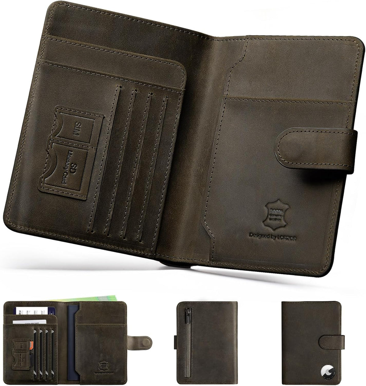 Soporte para pasaporte para viaje: funda de pasaporte de cuero de grano completo con soporte para Airtag hebilla magnética para hombres - Billetera plegable con bloqueo RFID para billetes de