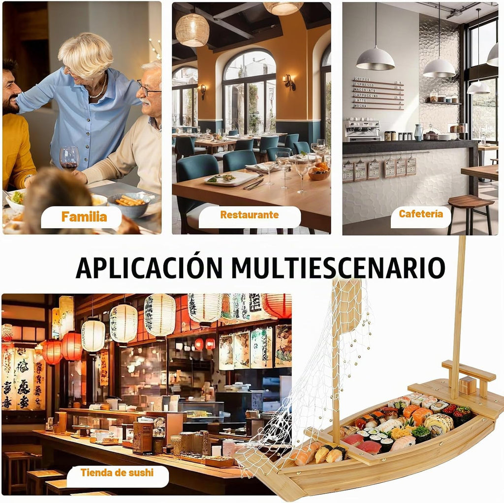 Bandeja de bambú de 31.5 pulgadas para servir sushi – Bandeja de sushi extra grande y tablero de exhibición, estilo barco de madera japonés para sushi, sashimi, fiesta de mariscos, plato de