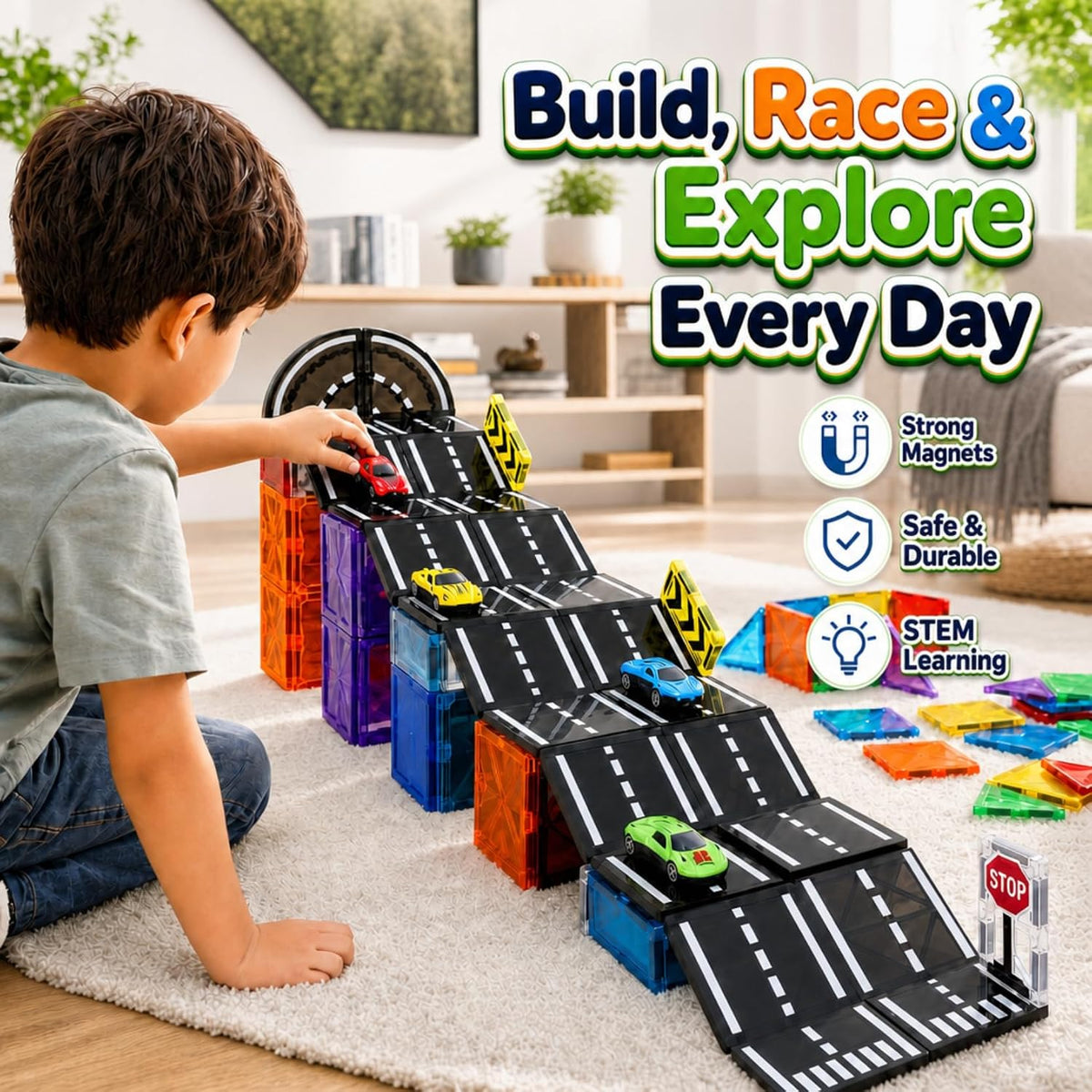 Juego de azulejos magnéticos con coches, bloques magnéticos para niños de 4