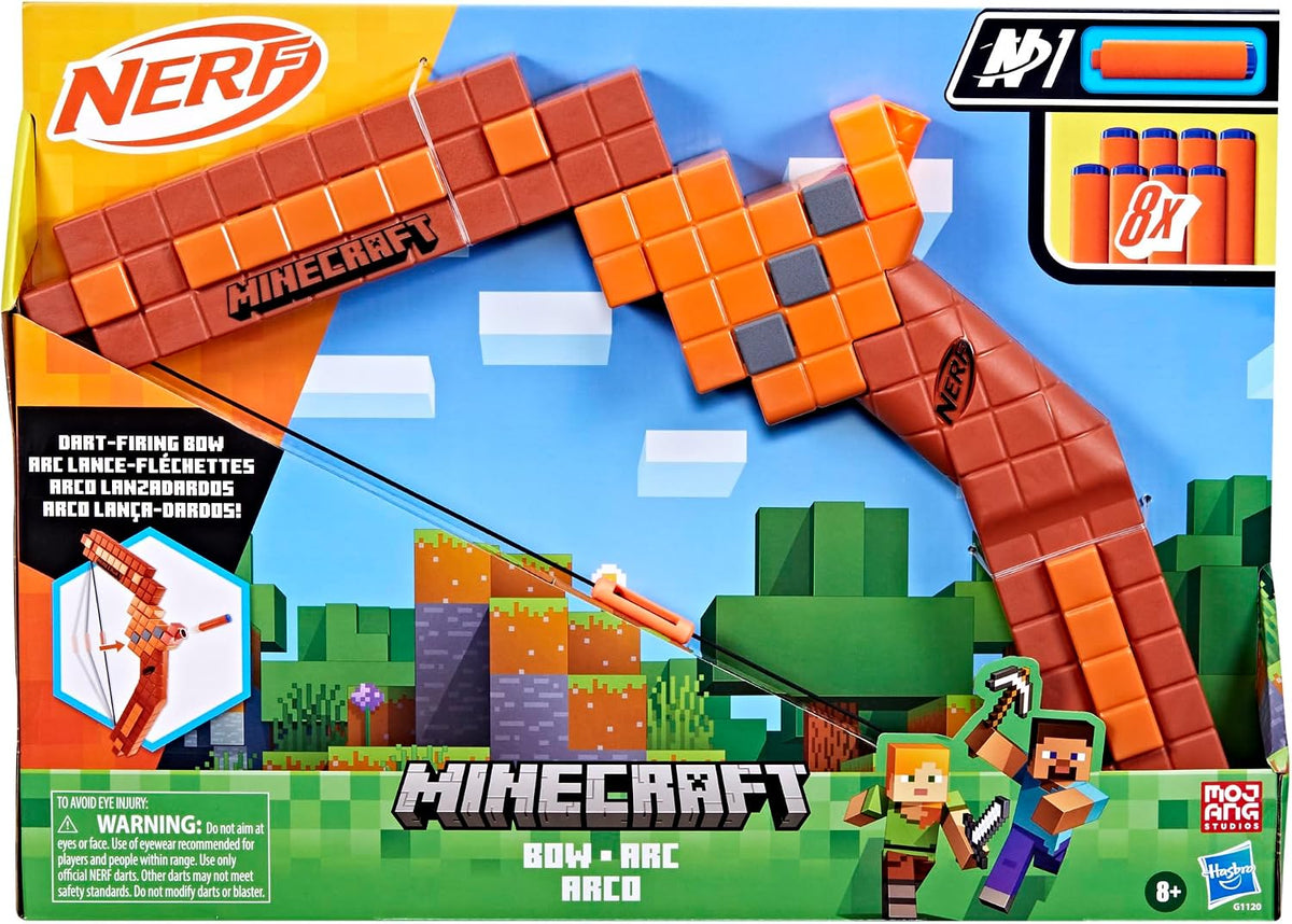 Nerf Minecraft Arco Lanzador de Dardos, Cebado con Cuerda de Retroceso, 8 Dardos N1 Compatible Solo con Lanzadores de Dardos N1, Edades 8+
