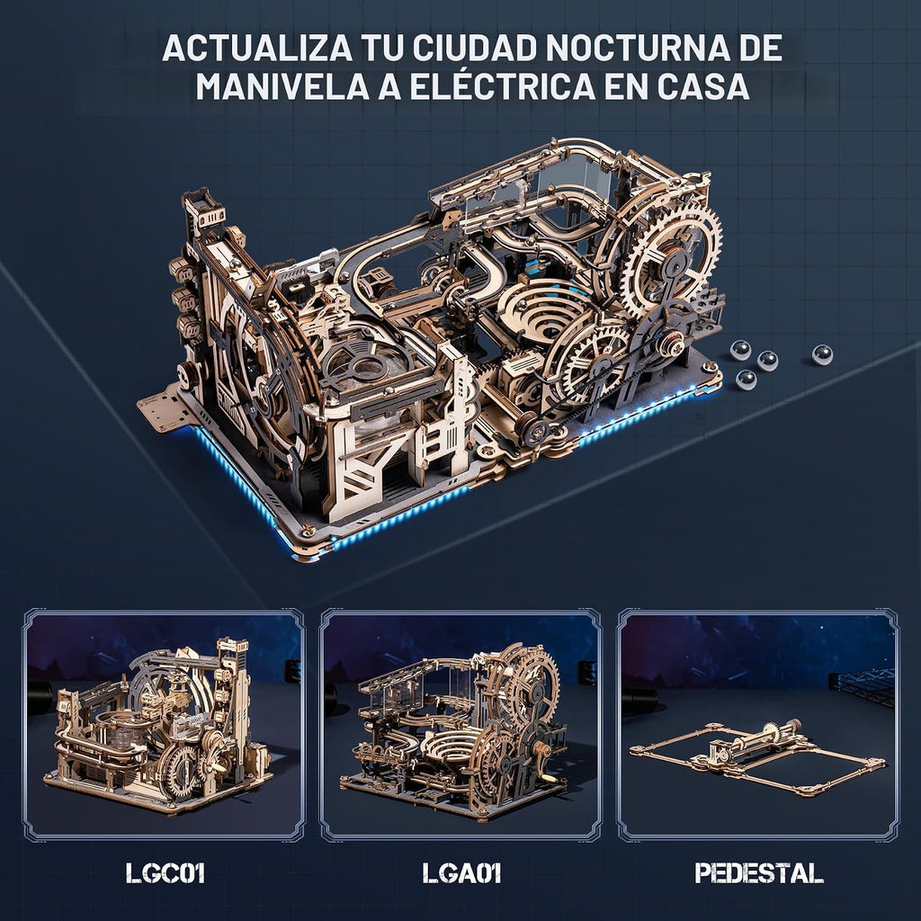 ROKR Pista de Canicas Eléctrica de Madera 3 en 1, Rompecabezas 3D para Adultos, Kits de Juguetes de Construcción de Modelos de Madera, Regalo Ideal para Chicos y Hombres